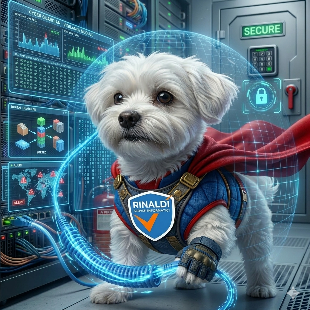Fiocco,Mascotte ufficiale di Rinaldi Servizi Informatici. Supervisiona backup, server e sicurezza informatica, con particolare attenzione ai cavi di rete lasciati incustoditi.