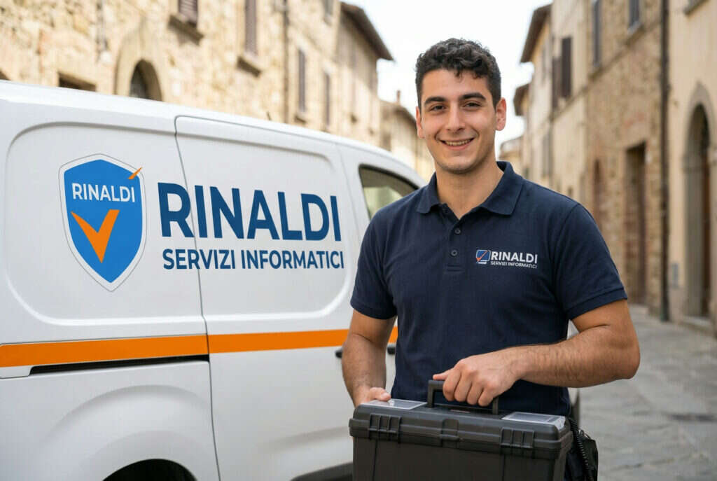 Francesco Calendini davanti al furgone Rinaldi Servizi Informatici