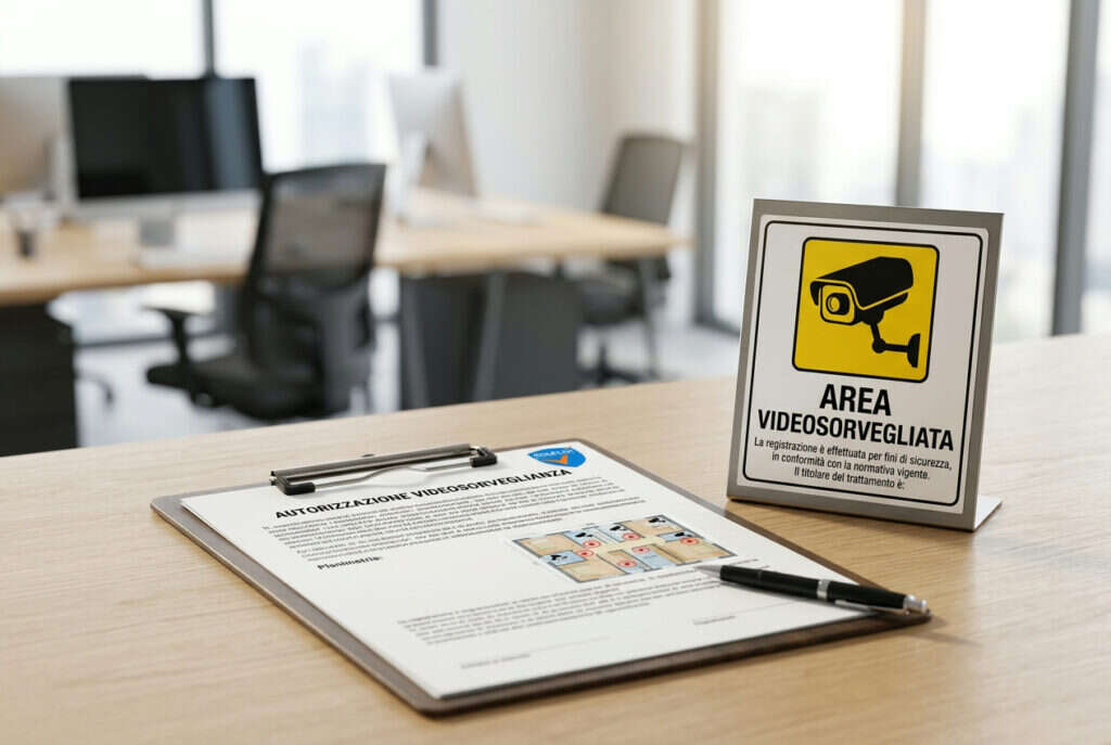 Documentazione di autorizzazione videosorveglianza con cartello area videosorvegliata