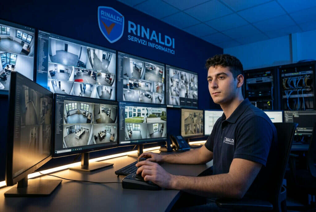 Francesco nella control room Rinaldi Servizi Informatici davanti ai monitor di videosorveglianza